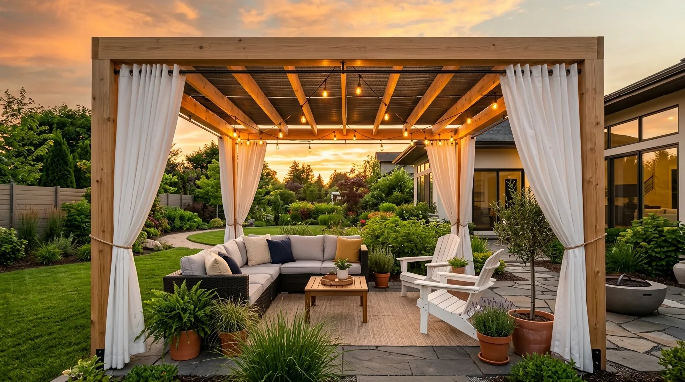 Backyard pergola creating shade and structure in a beautiful outdoor space.